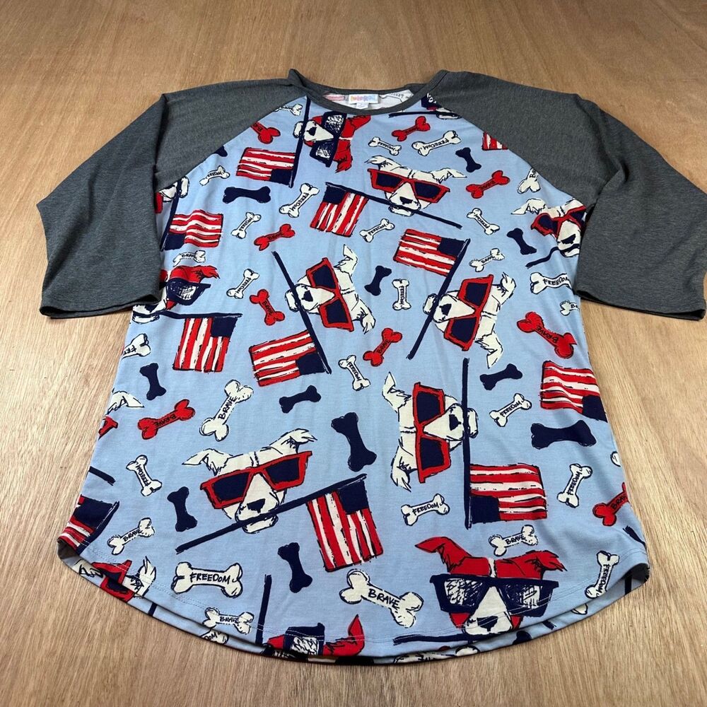 LuLaRoe Women’s Randy L Patriotic Dog Sunglasses Flag Raglan Tee Blue 3/4 Sleeve